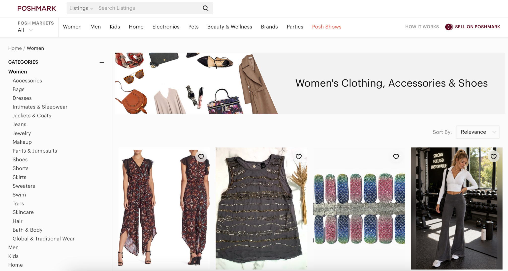 Poshmark Women's category page with sidebar filters and product grid: jumpsuit, tank top, nail wraps, gym outfit.