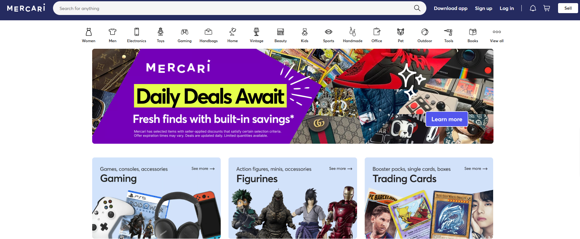 Mercari homepage displaying search bar, product categories, Daily Deals banner, and featured collections for gaming, action figures, and trading cards with shopping navigation.