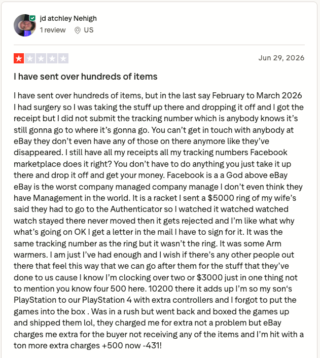 Trustpilot review criticizing eBay's customer support, tracking dispute handling, authentication process, and seller protection after multiple shipment and reimbursement issues.