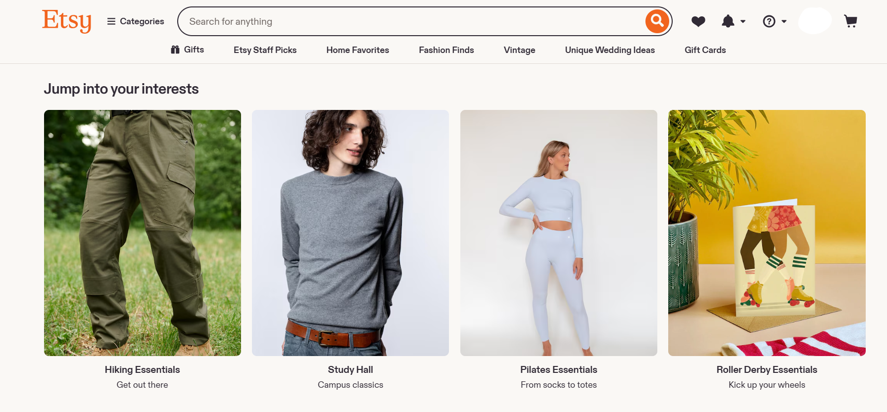 Etsy homepage displaying search bar, featuring hiking essentials, campus classics, Pilates essentials, and roller derby essentials.
