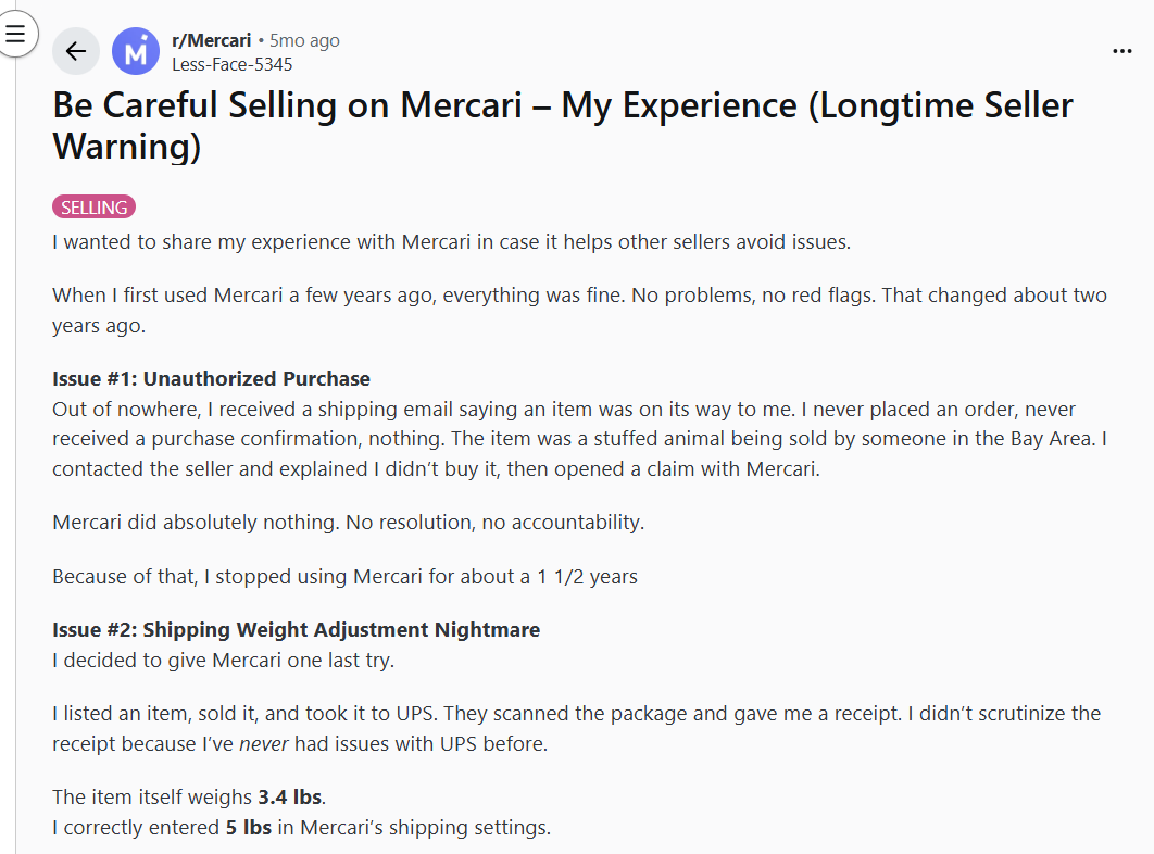 Reddit post from a longtime Mercari seller describing unauthorized purchases, shipping weight disputes, poor customer support, and warning other sellers about platform issues.
