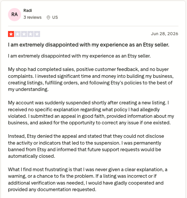 Trustpilot review criticizing Etsy after permanent account suspension, unclear policy explanations, denied appeal, and lack of communication despite positive sales history and customer feedback.