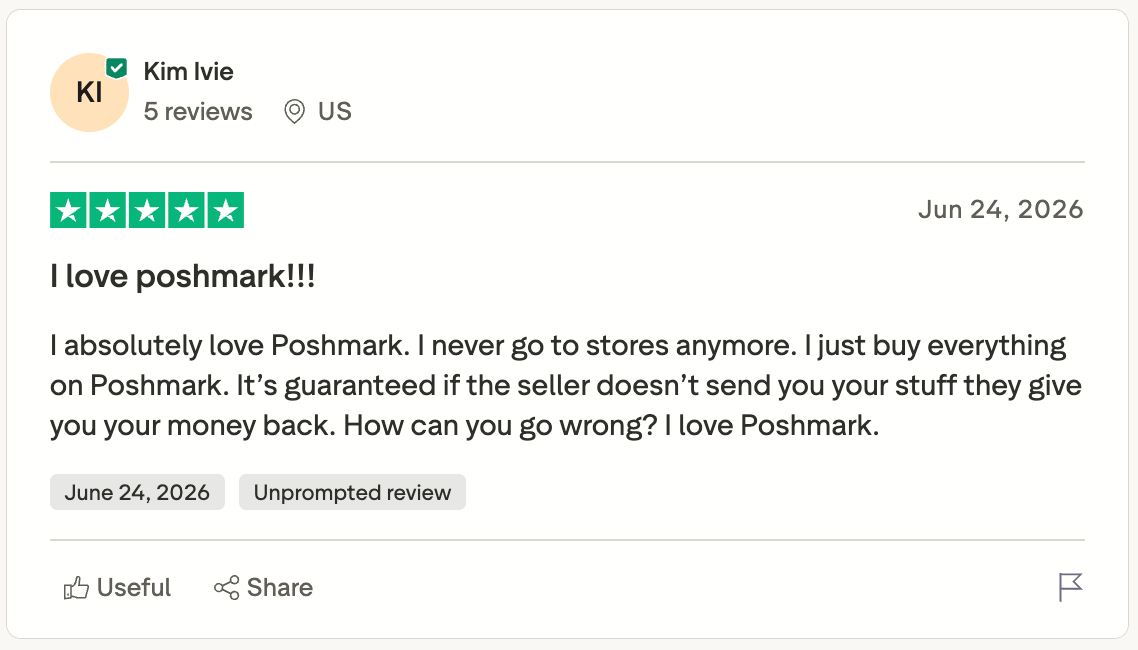 Trustpilot review praising Poshmark for convenient shopping, reliable buyer protection, fast refunds when sellers fail to ship, and an overall positive purchasing experience.