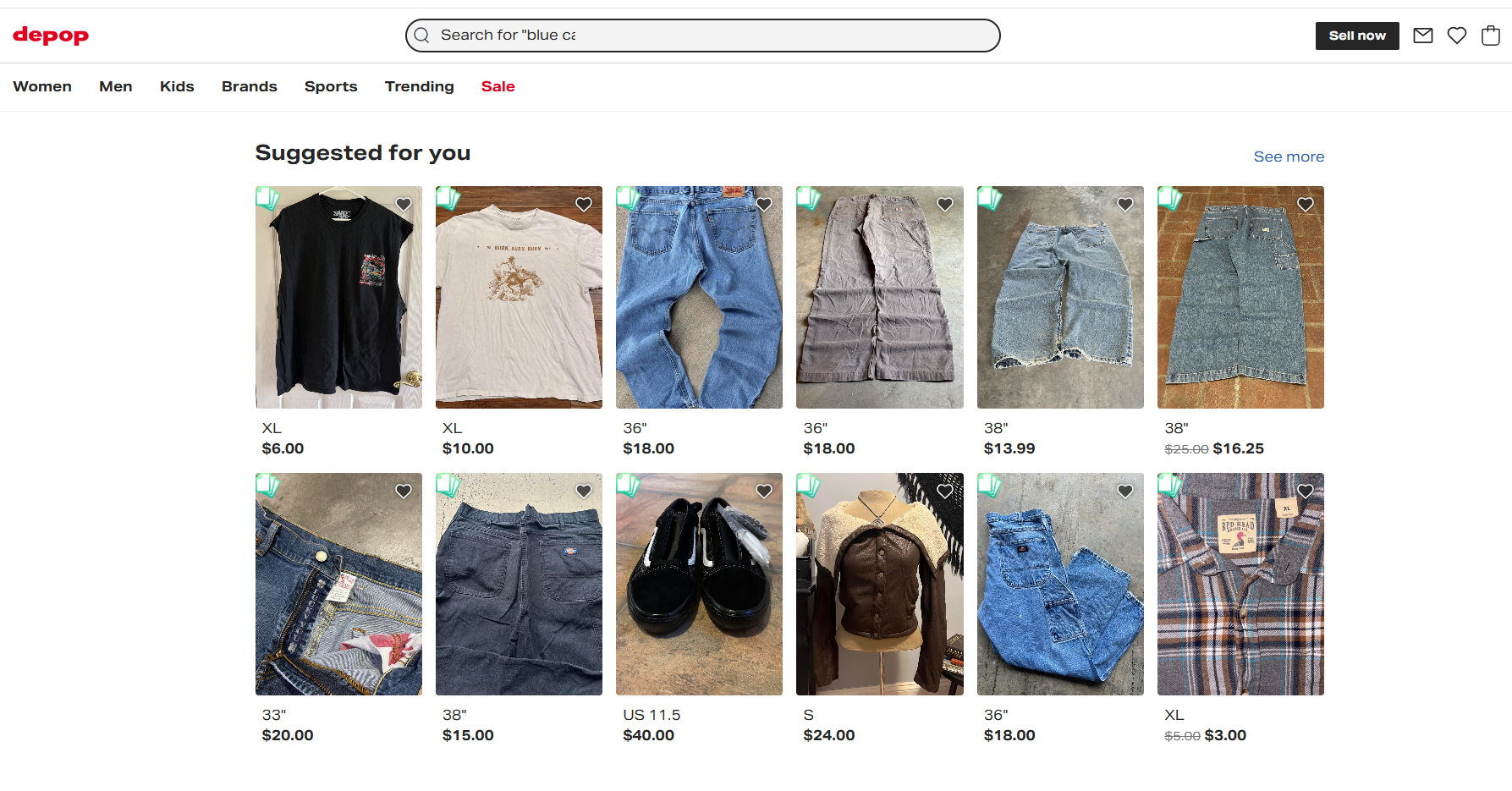 Depop homepage displaying search bar, fashion categories, and recommended vintage clothing listings with prices, personalized shopping suggestions, and marketplace navigation for buying apparel.