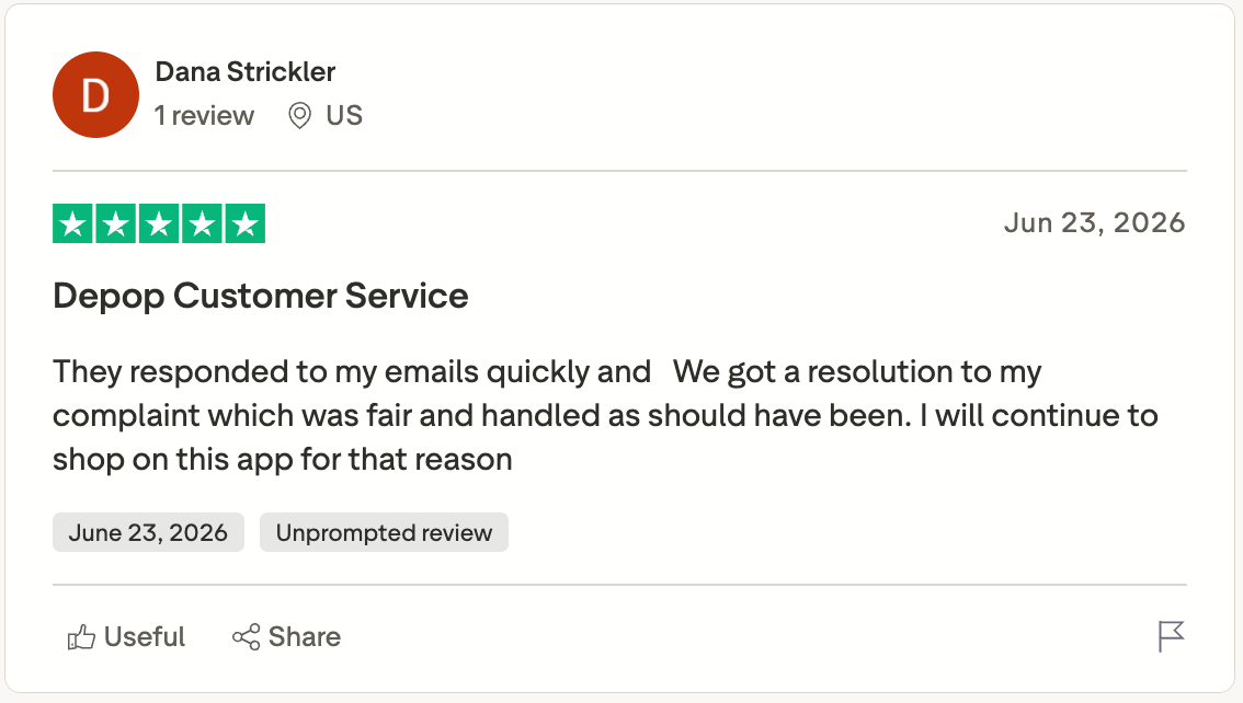 Trustpilot review praising Depop customer service for quick email responses, fair complaint resolution, and positive support experience that encouraged continued shopping on the platform.