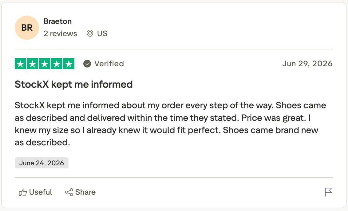 Trustpilot review praising StockX for accurate order updates, authentic new shoes, reliable delivery, fair pricing, and products arriving exactly as described by sellers.