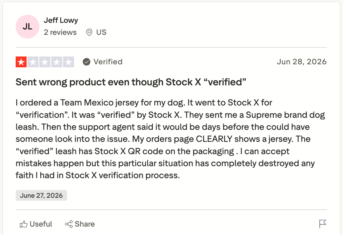 Trustpilot review criticizing StockX after receiving the wrong verified product, delayed customer support, and losing confidence in the platform's authentication process.