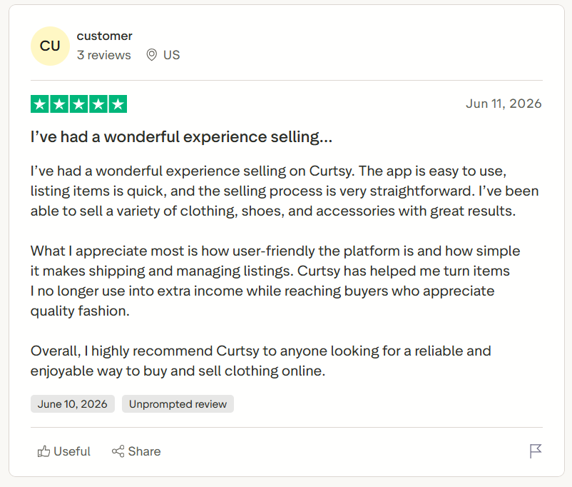 Trustpilot review praising Curtsy for its user-friendly app, simple setup, and reliability.