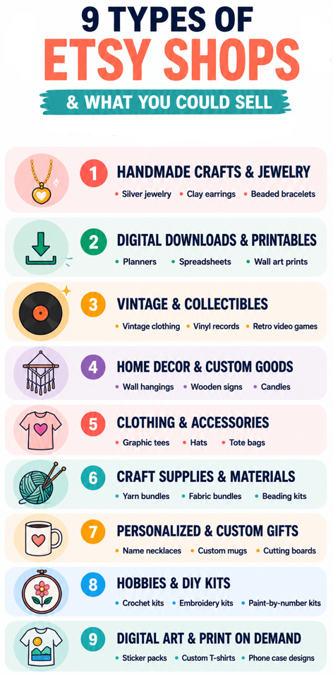 Infographic showing nine Etsy shop categories with example products, including handmade jewelry, digital downloads, vintage items, personalized gifts, craft supplies, and print-on-demand ideas.