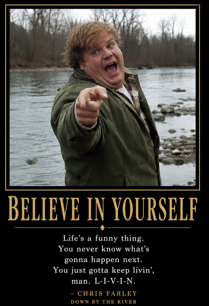 Motivational poster featuring comedian Chris Farley standing beside a river, pointing enthusiastically toward the viewer, with bold inspirational typography in a classic black-and-gold framed design.