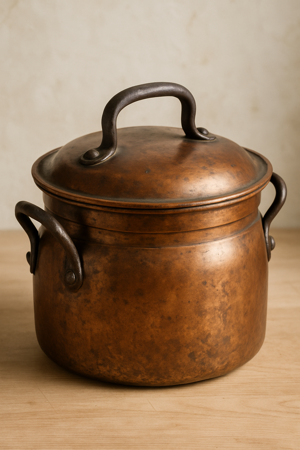 Vintage copper stock pot with matching lid and sturdy side handles, displaying a rich aged patina on a light wooden surface against a neutral background.