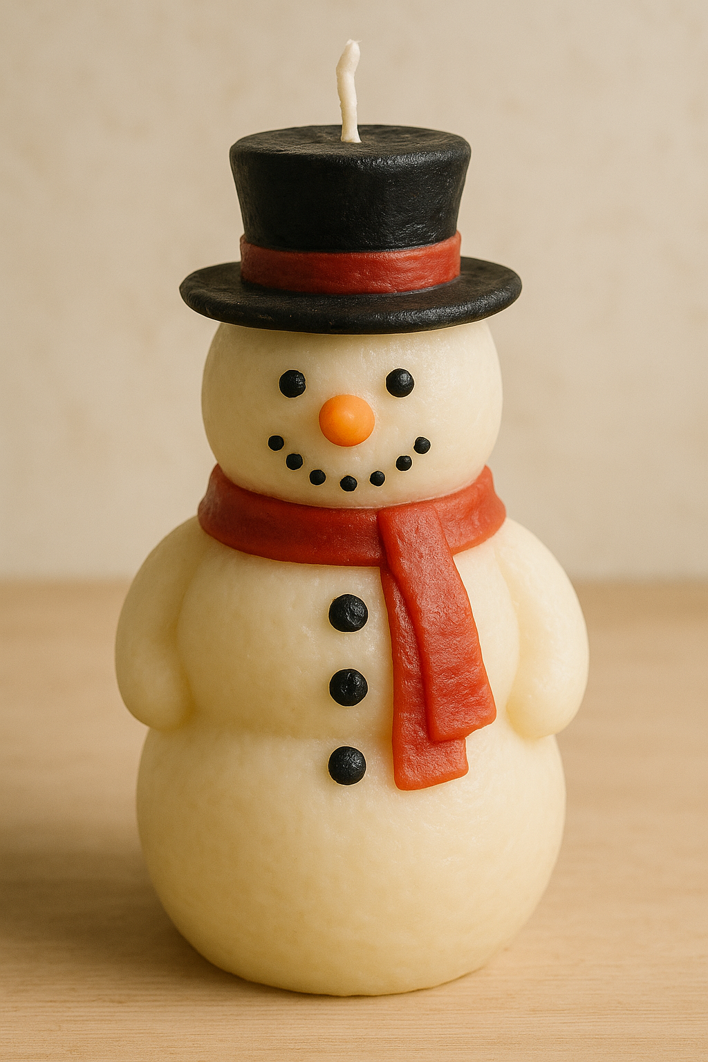 Snowman-shaped candle with black top hat, red scarf, carrot nose, and painted coal details, displayed on a wooden surface against a soft neutral background.