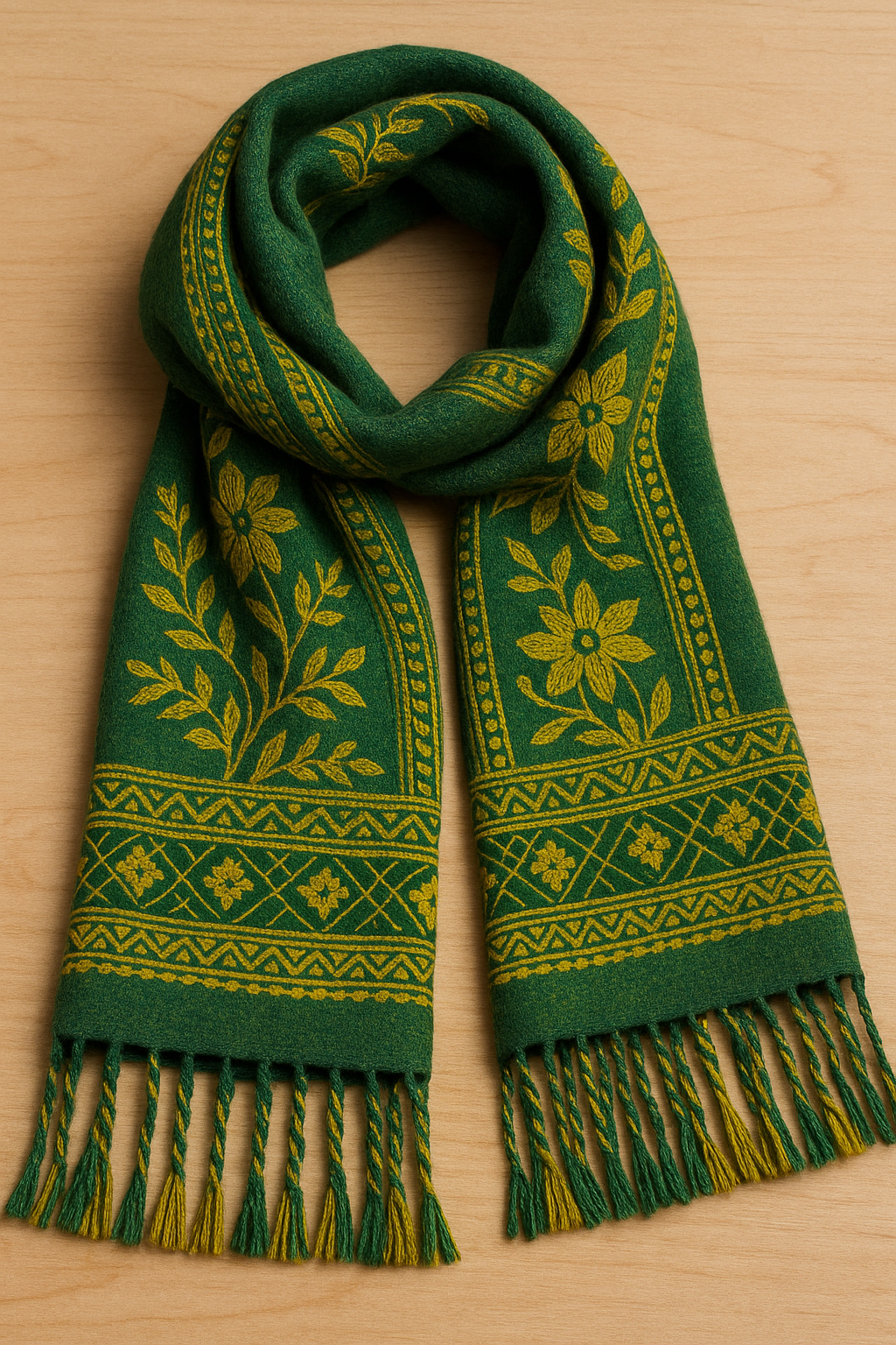Green woven scarf featuring yellow floral and geometric woven patterns with decorative fringe, displayed neatly on a light wooden surface against a neutral backdrop.