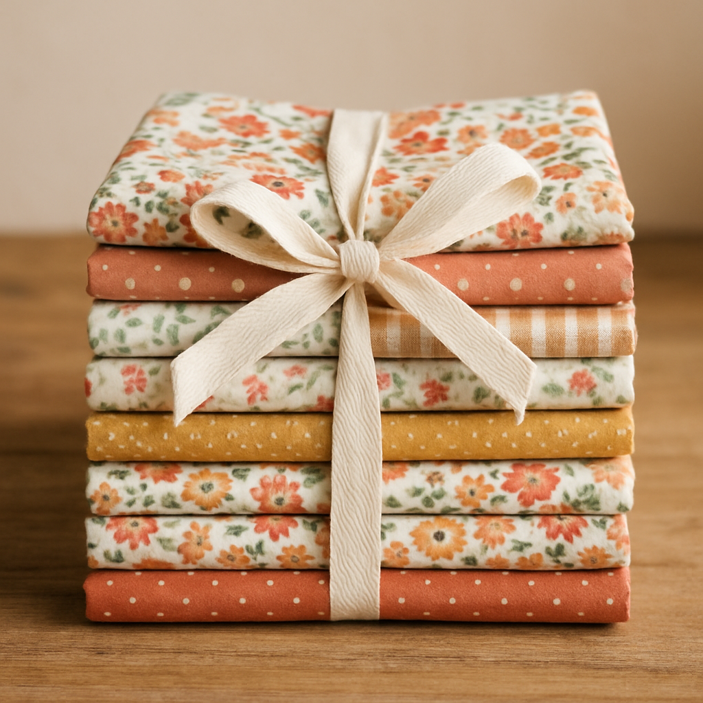 Stack of folded floral and patterned quilting fabrics tied with a cream ribbon, showcasing coordinated cotton prints in warm, earthy colors for sewing projects.