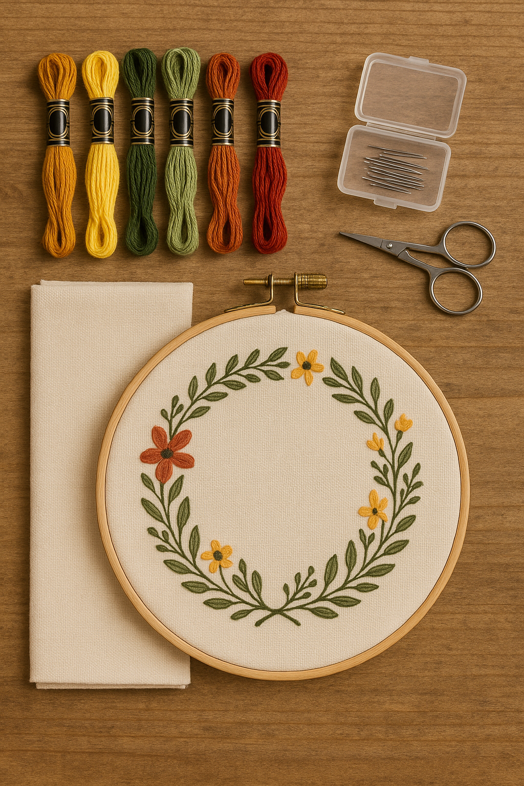 Embroidery hoop with floral wreath pattern surrounded by colorful embroidery floss, needles, scissors, and fabric, arranged neatly on a wooden tabletop for crafting inspiration.