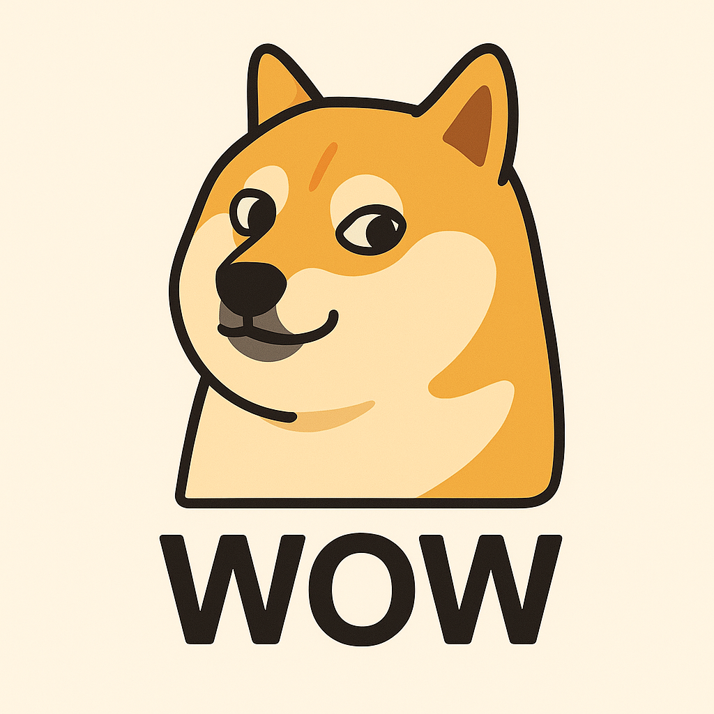 Cartoon Shiba Inu dog illustration with a smiling expression above bold "WOW" text, featuring clean vector styling on a light cream background.