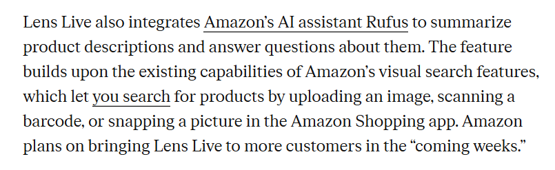 Article excerpt describing Amazon Lens Live and Rufus AI, highlighting image search, barcode scanning, product summaries, and question answering within the Amazon Shopping app.