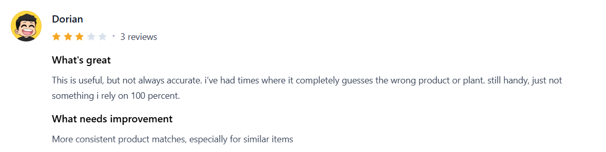 User review noting Google Lens is useful for identifying products and plants but sometimes misidentifies similar items, making results inconsistent for reliable identification.