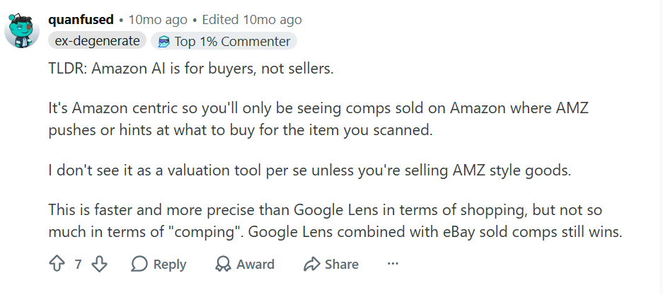 Reddit comment explaining Amazon Lens works better for buyers than sellers, recommending Google Lens with eBay sold listings for more accurate resale value research.