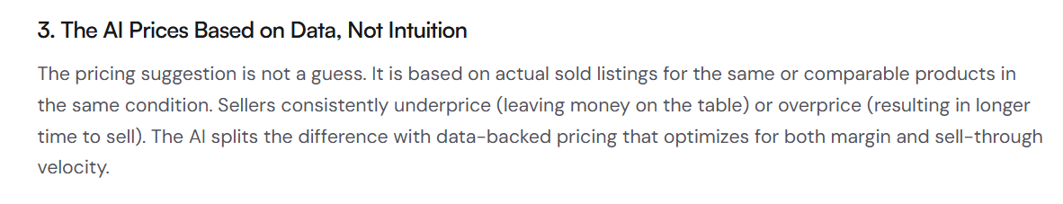 eBay AI pricing feature explaining price recommendations based on comparable sold listings, helping sellers avoid underpricing or overpricing items before listing them for sale.