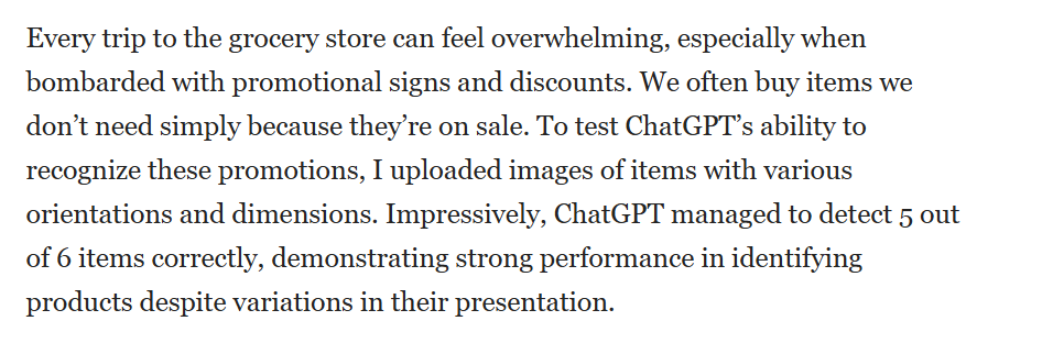 Screenshot of article text describing a grocery shopping test where ChatGPT identified five of six promotional product images despite different orientations and presentation styles accurately.
