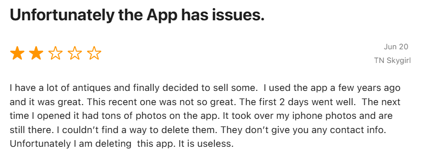 Screenshot of a two-star App Store review describing photo library problems, missing customer support information, and frustration that led the reviewer to delete the app.