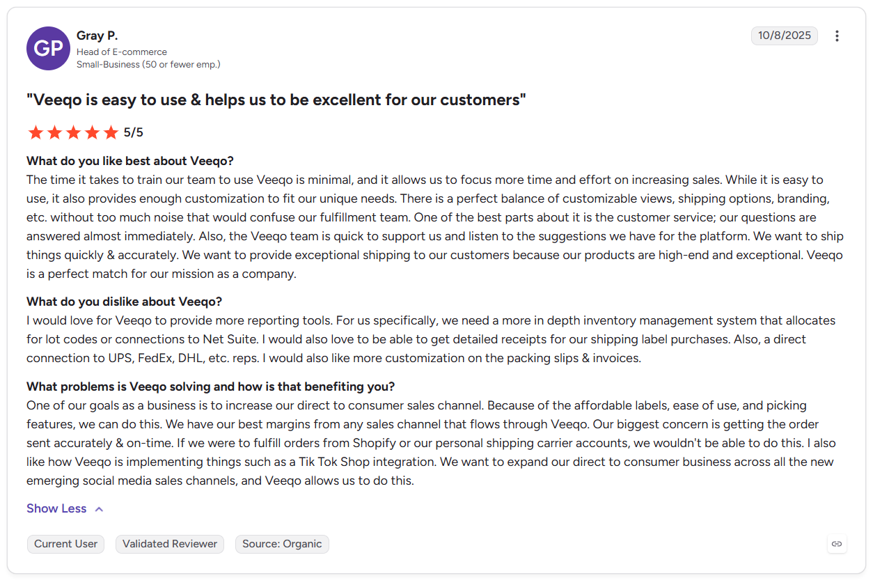 G2 review showing a five-star rating for Veeqo, praising ease of use, responsive customer support, affordable shipping, and customization while requesting stronger reporting features.