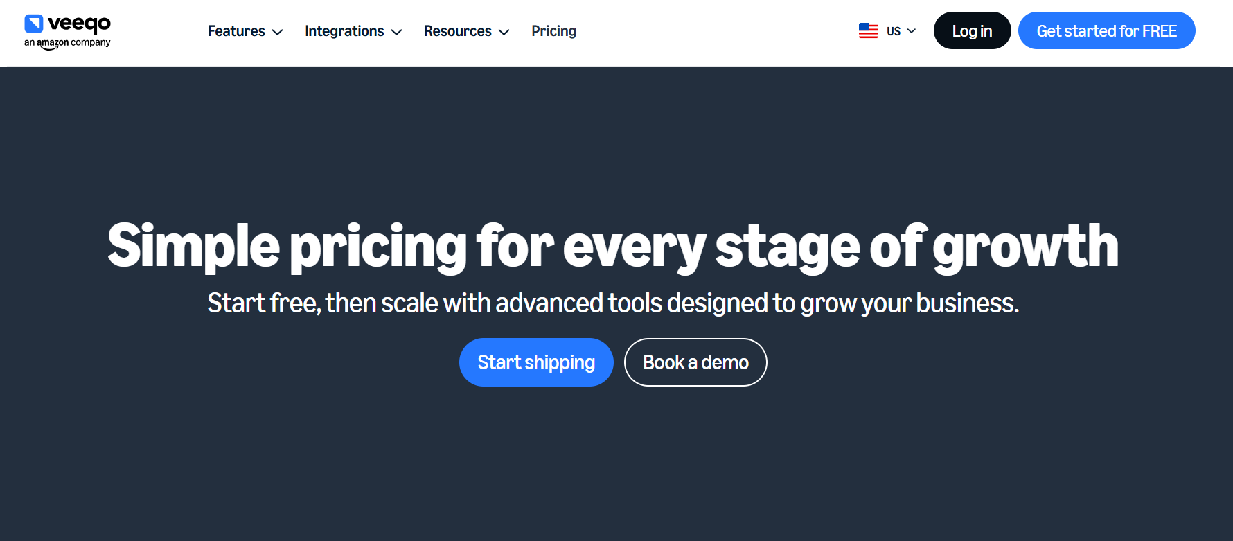Veeqo homepage hero featuring the headline "Simple pricing for every stage of growth," with navigation, Start Shipping, and Book a Demo buttons prominently displayed.