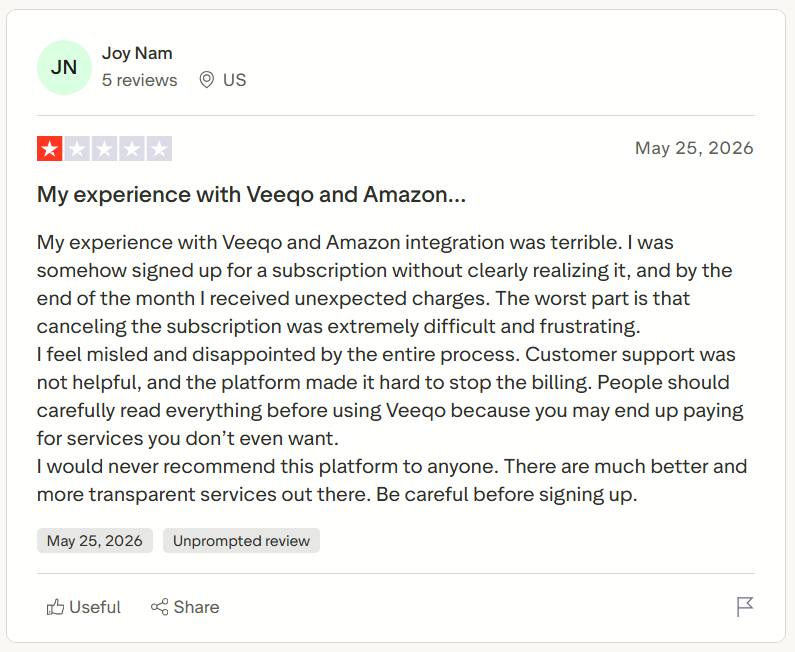 Trustpilot one-star Veeqo review describing unexpected subscription charges, difficult cancellation, unhelpful customer support, and recommending others avoid the platform because of billing concerns.