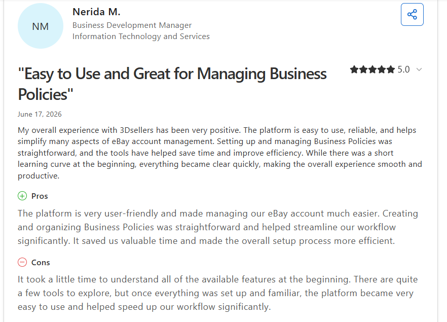Capterra review rating 3Dsellers five stars, highlighting easy eBay account management and productivity gains while noting a short learning curve before mastering available features.