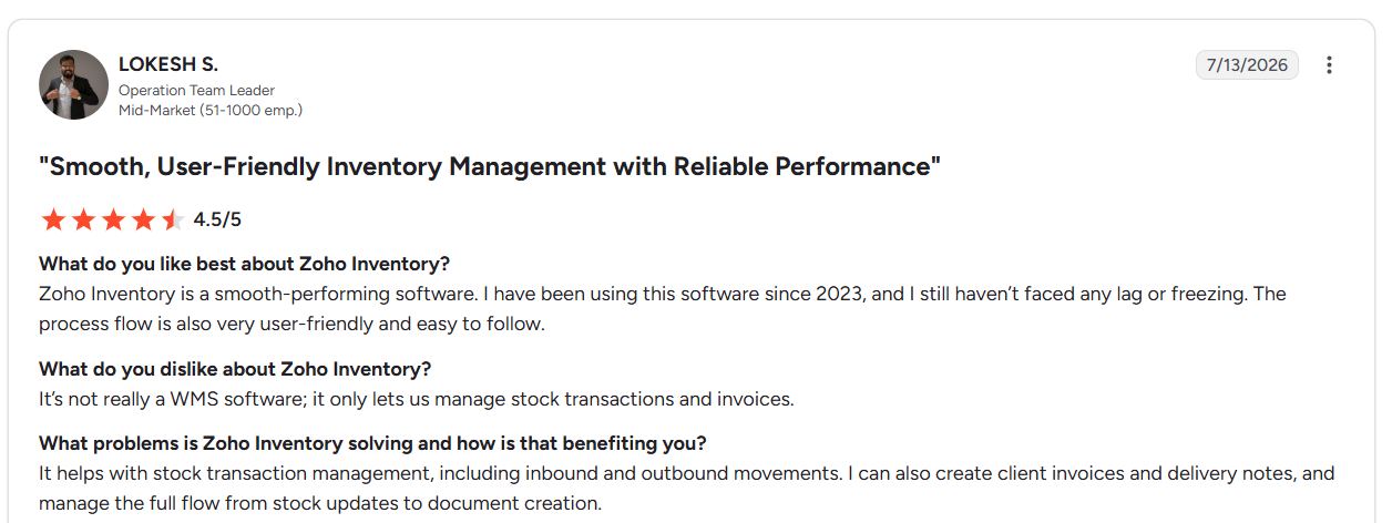 G2 review rating Zoho Inventory 4.5 out of 5, highlighting reliable performance and easy workflows while noting it lacks full warehouse management functionality.