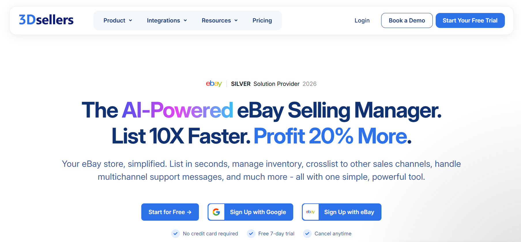3Dsellers homepage promoting AI-powered eBay selling software, highlighting faster listing creation, inventory management, crosslisting, multichannel messaging, and free trial sign-up options.