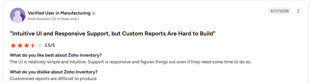 G2 review rating Zoho Inventory 3.5 out of 5, praising the intuitive interface and responsive support while criticizing limited custom reporting capabilities.