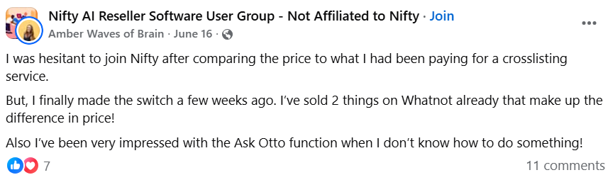 Facebook post from a Nifty user praising higher Whatnot sales after switching, saying the platform justified its cost and highlighting the Ask Otto assistant.