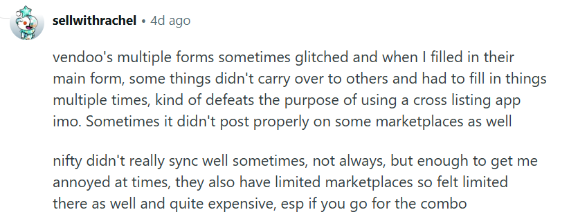 Reddit comment comparing Vendoo and Nifty, criticizing occasional sync issues, limited marketplace support, and pricing while discussing crosslisting app experiences.