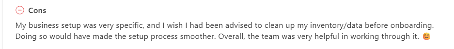 Customer review noting SellerChamp onboarding required inventory cleanup beforehand, saying preparation would have simplified setup despite helpful guidance from the implementation team.