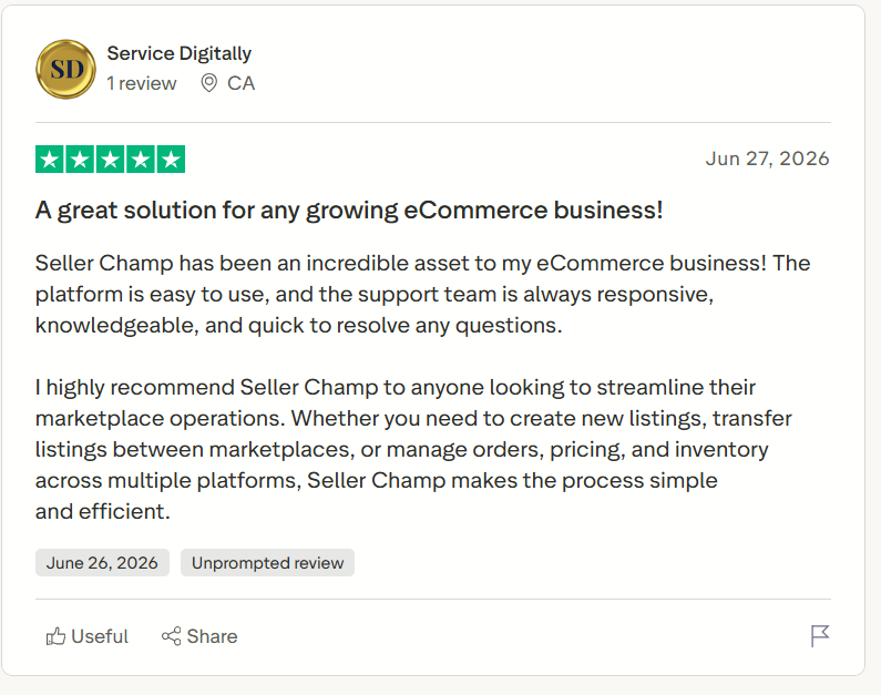 Trustpilot five-star review praising SellerChamp for simplifying multichannel ecommerce management with responsive support, inventory management, order processing, and marketplace listing automation.