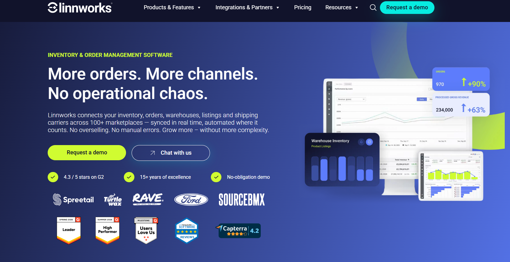 Linnworks homepage promoting inventory and order management software with multichannel marketplace integrations, warehouse management, analytics dashboards, and request demo call-to-action buttons.