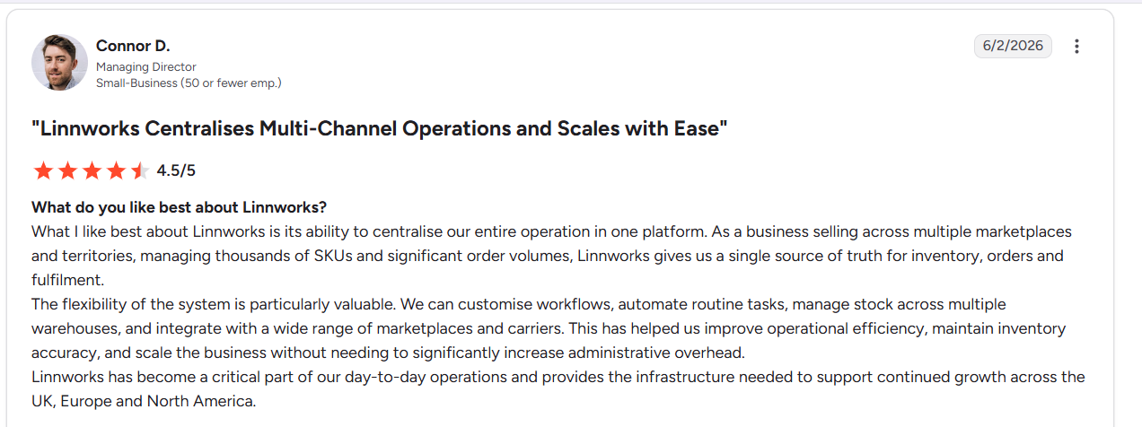 G2 review rating Linnworks 4.5 out of 5, highlighting multichannel inventory management, workflow automation, warehouse support, and scalable operations across global marketplaces.