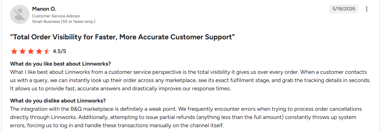 G2 review rating Linnworks 4.5 out of 5, praising complete order visibility while criticizing marketplace integration issues and manual processing for partial refunds.