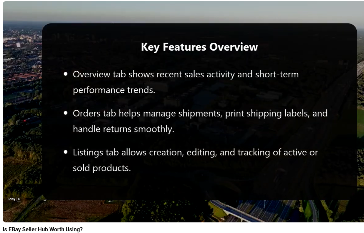 Video slide summarizing eBay Seller Hub features, highlighting overview, orders, and listings tabs for tracking sales, managing shipments, returns, and product listings efficiently.