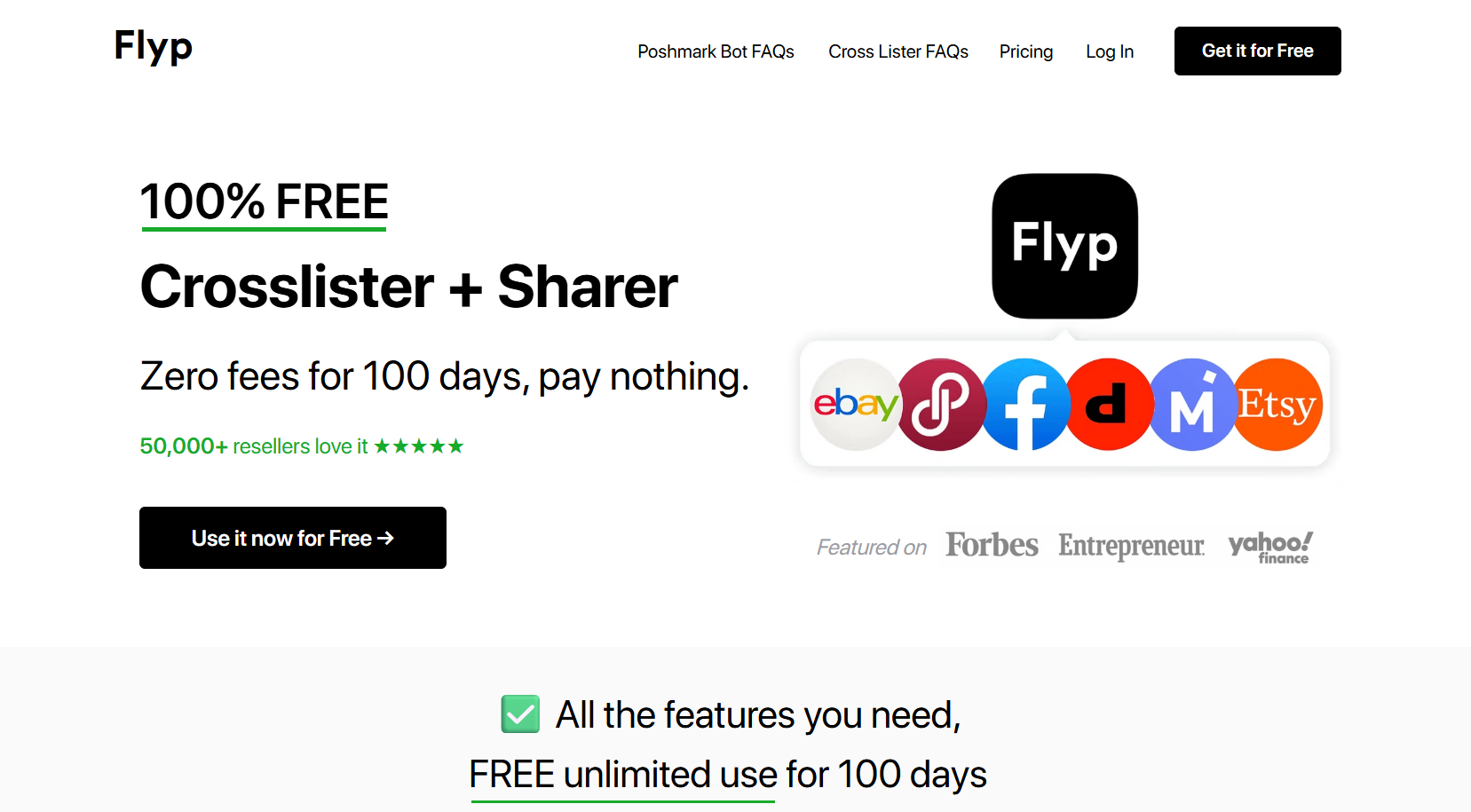 Flyp crosslisting tool homepage showing a free crosslister and sharer, marketplace icons, reseller ratings, and promotional text highlighting 100-day free usage.