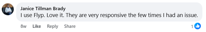 Facebook comment from a Flyp user praising responsive customer support after resolving issues. The comment reflects a positive customer service experience but provides no details about features or performance.