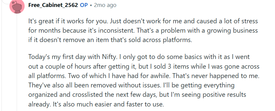Reddit comment describing a reseller switching from Flyp to Nifty after inconsistent inventory syncing caused oversold items. User reports immediate success, faster crosslisting, and automatic sold-item removal.