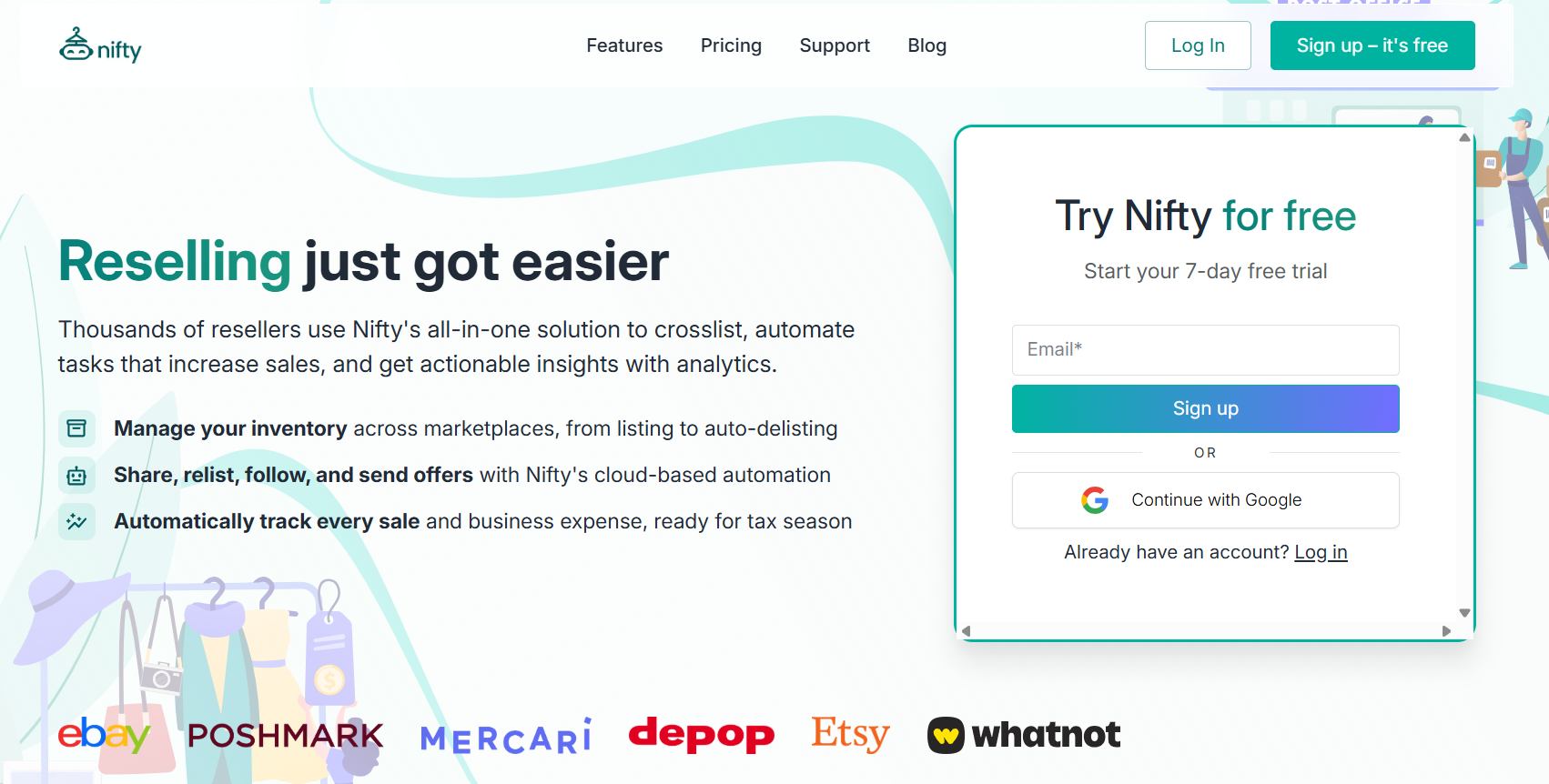 Nifty reseller software homepage showing crosslisting automation features, inventory management, marketplace integrations, analytics tools, and a free trial signup form.