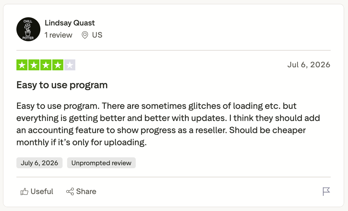 Trustpilot review praising Crosslist's easy interface, mentioning occasional loading glitches, requested accounting features, lower upload-only pricing, and noting ongoing improvements through regular software updates.