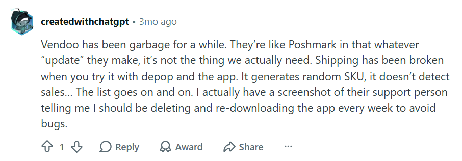 Screenshot of a Reddit review criticizing Vendoo, citing broken Depop shipping, unreliable sale detection, random SKU generation, recurring bugs, and frustrating software updates.