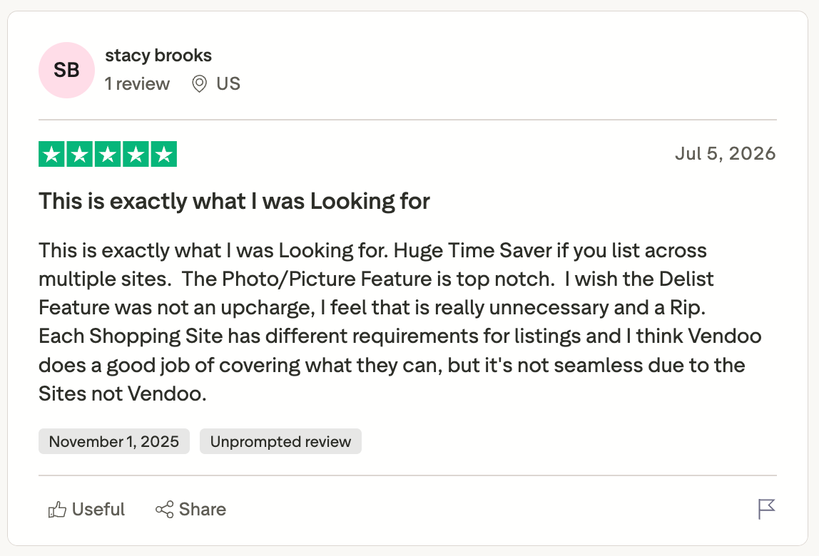 Trustpilot review praising Vendoo for saving time across multiple marketplaces, highlighting photo tools while criticizing the paid auto-delist feature and marketplace inconsistencies.