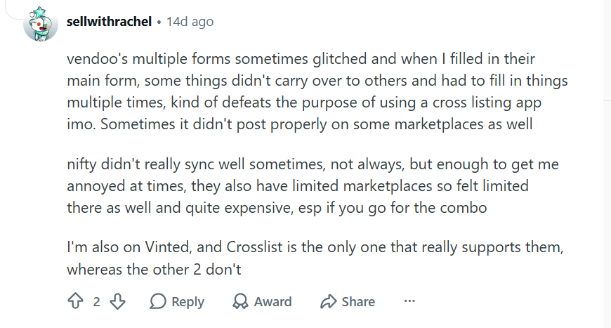 Screenshot of a Reddit comment comparing Vendoo, Nifty, and Crosslist, describing syncing issues, limited marketplace support, and recommending Crosslist for Vinted sellers.