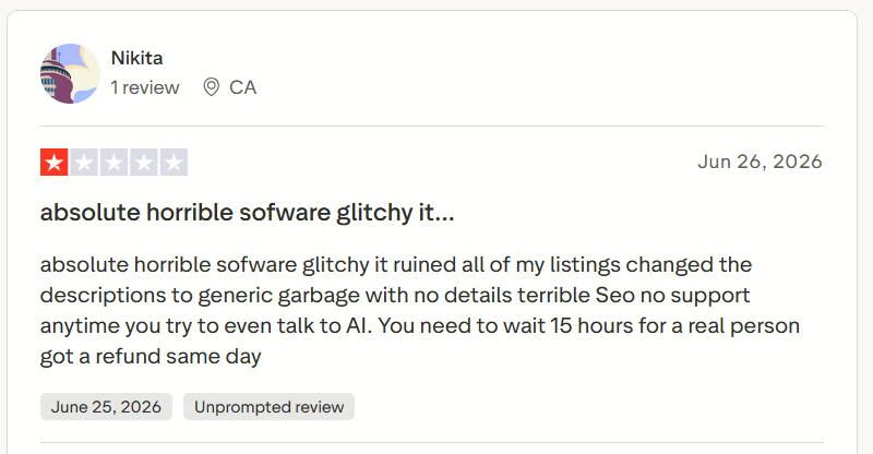 Trustpilot review criticizing Crosslist after listing descriptions became generic, citing software glitches, poor SEO output, delayed support responses, and same-day refund approval.